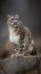 Fototapeta premium Majestic Snow Leopard Sitting Gracefully on Rocky Terrain