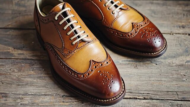 Brown leather brogues on wooden surface.  Possible use  Product photography