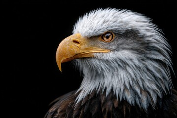 Obraz premium Majestic bald eagle portrait against a dark background. The intense gaze and detailed feathers are striking.