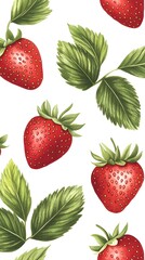 A vibrant pattern of ripe red strawberries and lush green leaves on a white background