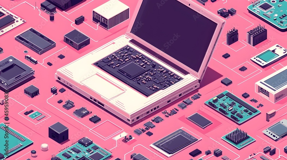 Poster detailed isometric view of computer components and a laptop.