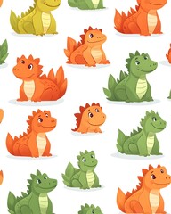 Obraz premium Adorable cartoon dinosaurs in orange and green, repeating pattern