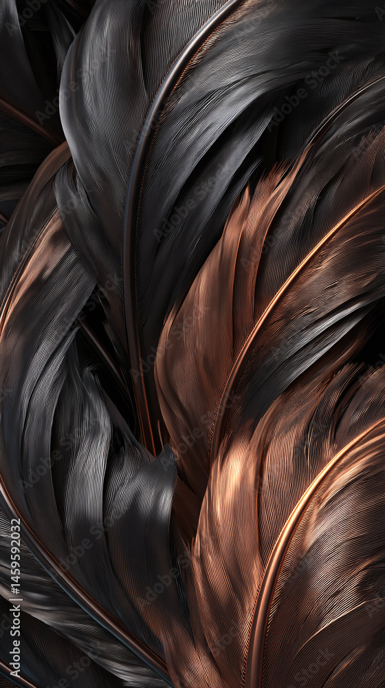 Poster Close-up of dark and copper-colored feathers, creating a luxurious and textured appearance symbolizing elegance and sophistication, suitable for design projects
