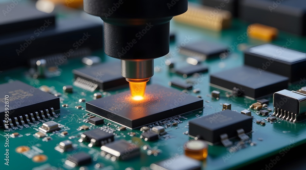 Poster precision soldering a close-up view of microchip installation onto a circuit board. the intense heat