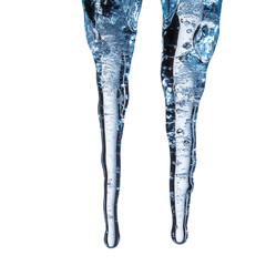 Two icicles melting, dripping isolated on transparent background