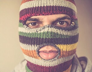 Young caucasian male wearing colorful striped knitted balaclava