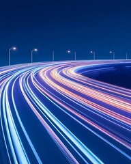 Night highway curves, light trails create dynamic motion blur
