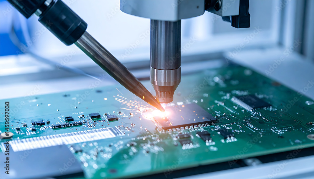 Poster precision soldering on a circuit board with sparks flying, emphasizing technology, innovation and re
