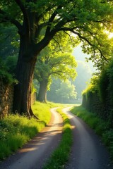 Naklejka premium Serene Pathway Winding Through Lush Greenery, Bathed in the Golden Light of Dawn