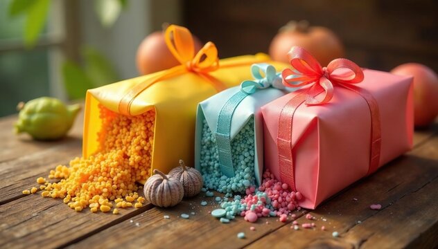 Brightly colored packages, twine detail, wooden surface, wooden, object, rustic