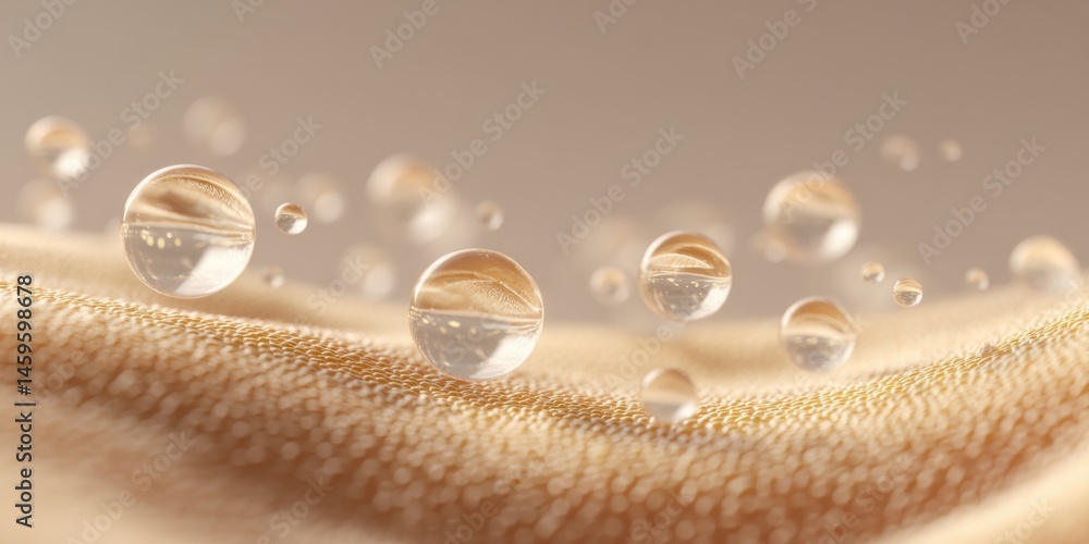 Poster water droplets rest on a soft fabric surface during a serene morning light display in a tranquil set