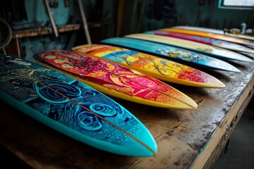 Artistically designed surfboards with intricate patterns lined up on a rustic wooden table.