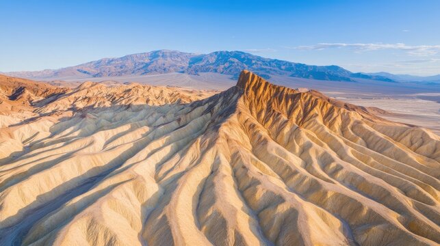 Rugged desert mountain landscape with eroded rock formations under clear sky