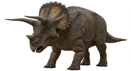 Detailed Triceratops Dinosaur Model Standing Tall on White Background A Prehistoric Creature of the Cretaceous Period with Horns and Frill