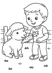 Coloring book child gently feeds a sheep a carrot. Adorable line art for coloring education