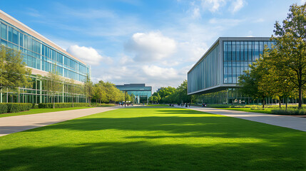 Obraz premium Modern Office Buildings Green Lawn Blue Sky in Urban Landscape on Sunny Day