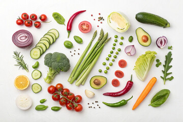 Naklejka premium Top-Down Studio Shot of Raw Seasonal Vegetables on White Background – Minimalist Food Styling