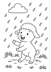 Coloring book lamb joyfully dances in the rain under a cloud.