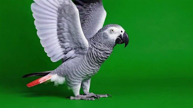 Gray parrot standing on a green screen looking to the right side of the frame in studio light green screen video