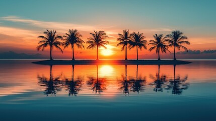 Silhouette palm trees on a tiny island at sunset.  Peaceful reflection in still water
