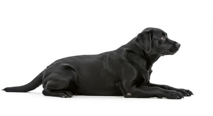 Obraz premium Elegant black Labrador Retriever puppy lying down gracefully on a white backdrop, showcasing its sleek coat and attentive gaze, perfect for pet-related designs and advertisements