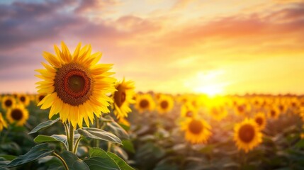 Fototapeta premium Breathtaking Sunrise Over a Field of Sunflowers in Golden Light