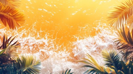 Golden Hour Tropical Beach Waves and Palm Trees