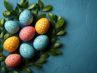 Colorful decorated eggs nestled in green leaves on a blue textured background.  Space for text