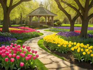 Obraz premium Tulip Trail: A Spring Garden Pathway of Color and Charm, Wallpaper on Landscape.