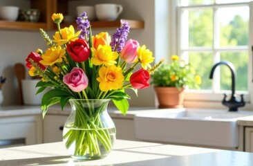A bouquet of spring flowers in a glass vase stands on a kitchen countertop against the backdrop of a light kitchen with a French-style window. Business, space for text, interior, design, poster,banner