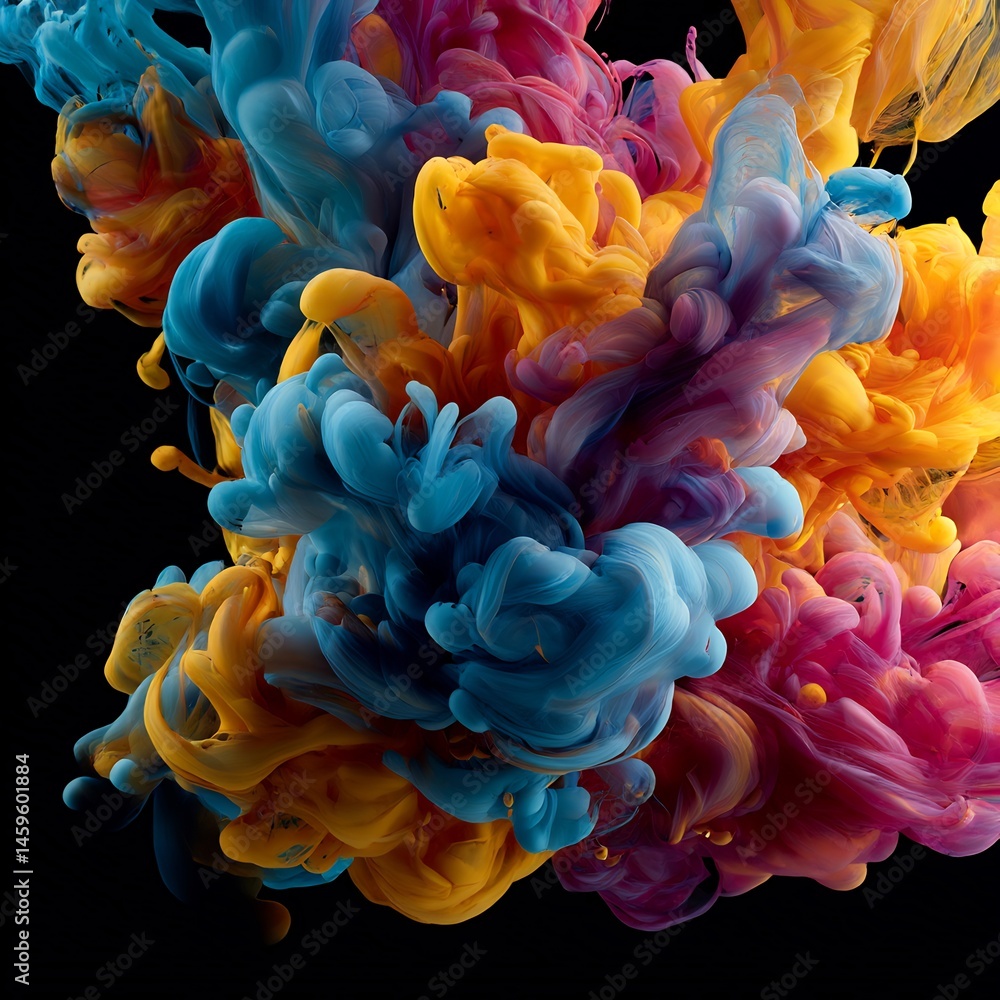Poster chromatic cloud: dynamic fluid confluence of vivid inks against stark darkness