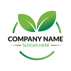 Obraz premium Green leaf logo design with company name and slogan in round frame art