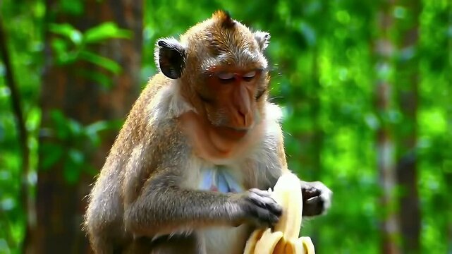 A macaque monkey meticulously peels and eats a ripe banana in a lush green forest