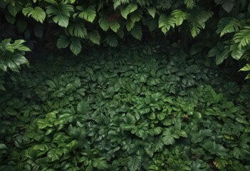 Lush, vibrant green tropical leaves form a dense carpet on the forest floor ,  background,  natural