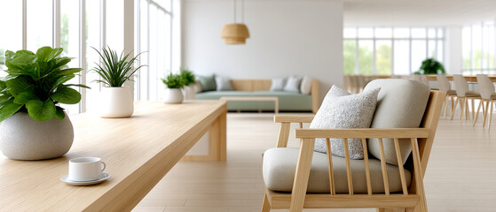 A bright, modern living space with minimalist furniture, large windows, plants, and neutral tones creating a calm, inviting atmosphere.
