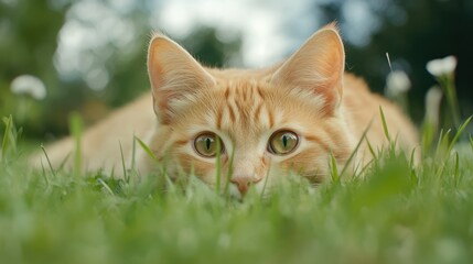 Playful ginger kitten hiding in green grass
