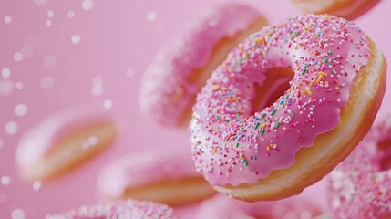 Vibrant Close-Up Shot of Colorful Donuts with Sprinkles and Frosting