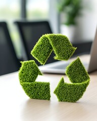 A lush green recycling symbol sits on a light wood table, in front of blurred office furniture, symbolizing eco-friendly practices