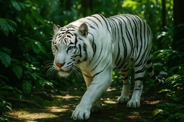 Fototapeta premium White tiger walking through lush green jungle with sunlight patches filtering across forest path and dense foliage