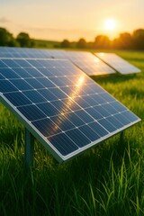 Solar energy system installed in grassy field with reflective panels capturing sunlight during golden hour

