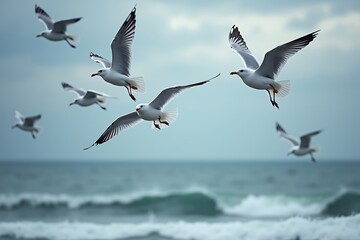 Seagulls Flying Over Ocean Waves on Cloudy Day