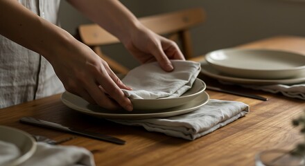 Person setting a table with plates and linen napkins in a dining room