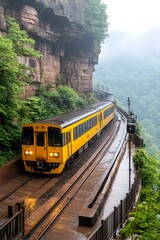 Obraz premium A yellow train navigates a misty mountainside track clinging to a cliff edge
