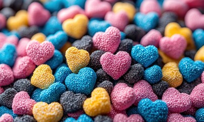 Colorful heart-shaped candies in a pile. Close-up view