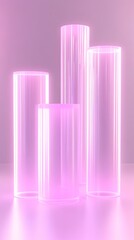 Glowing pink glass cylinders on reflective surface