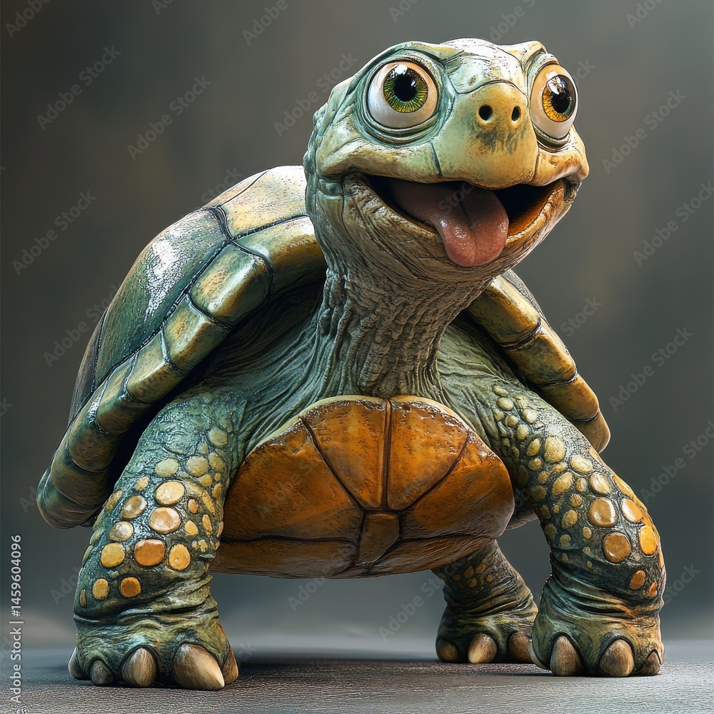 Poster a 3d caricature of a turtle with a comically large shell.
