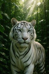 Naklejka premium White tiger standing in dense jungle under green canopy with direct eye contact and sunlight filtering through tropical leaves