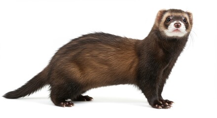 Fototapeta premium Full Body Studio Shot of a Curious Brown Ferret Standing Alert on a White Background, Looking Upward with Shiny Fur and Whiskers, Capturing its Playful and Intelligent Nature
