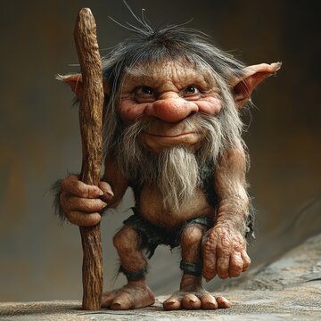 A 3D caricature of a troll with a comically large club and tiny feet. 