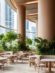 Fototapeta premium Serene indoor dining area with abundant greenery and curved walls, offering a tranquil atmosphere